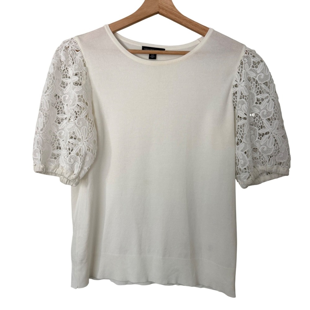 Saks Fifth Avenue Womens White Knit Sweater Floral Lace Puff Short Sleeve Medium